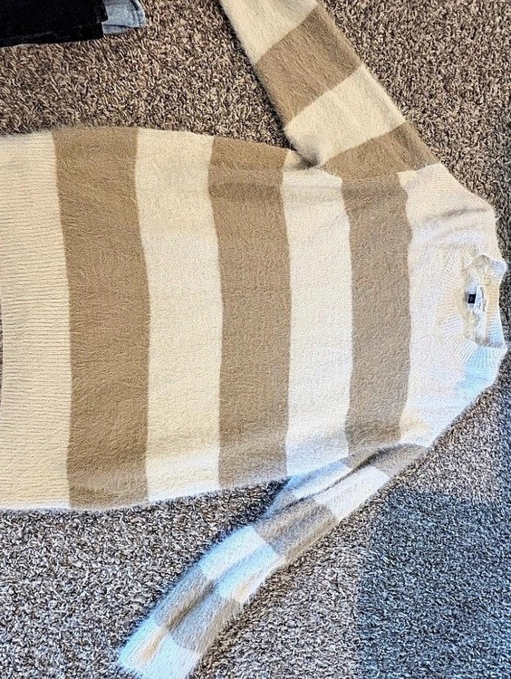 Striped Crewneck Sweater in White & Brown Like New